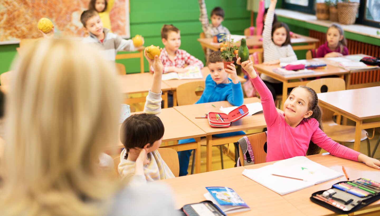 Kinder halten verschiedenes Obst und Gemüse in die Höhe.